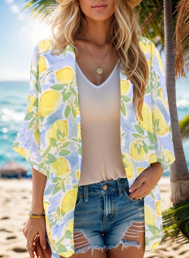 Moss Rose Women's Lemon Shirt Swimsuit Outfit Beach Kimono Coverup Sheer Chiffon Cover Ups Cardigan Tops - Image 2